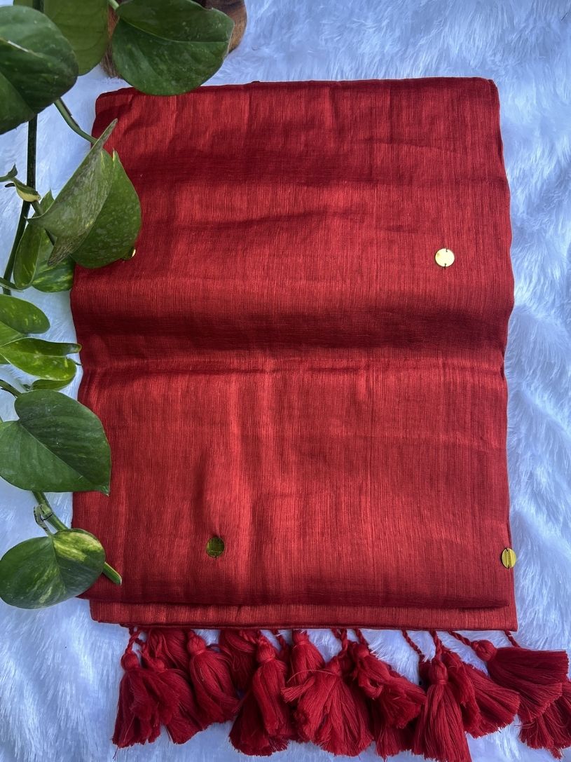 Red tissue cotton saree with Gold Gini Work