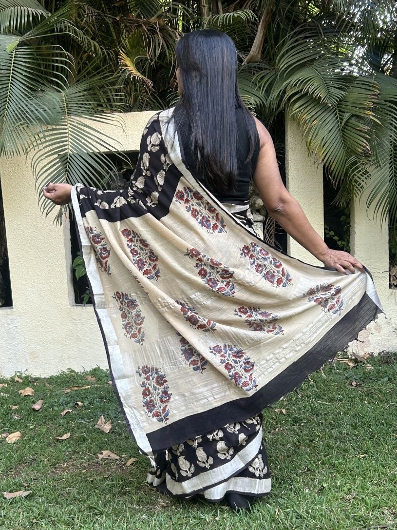 Black and Beige Pure Cotton Printed Formal Saree