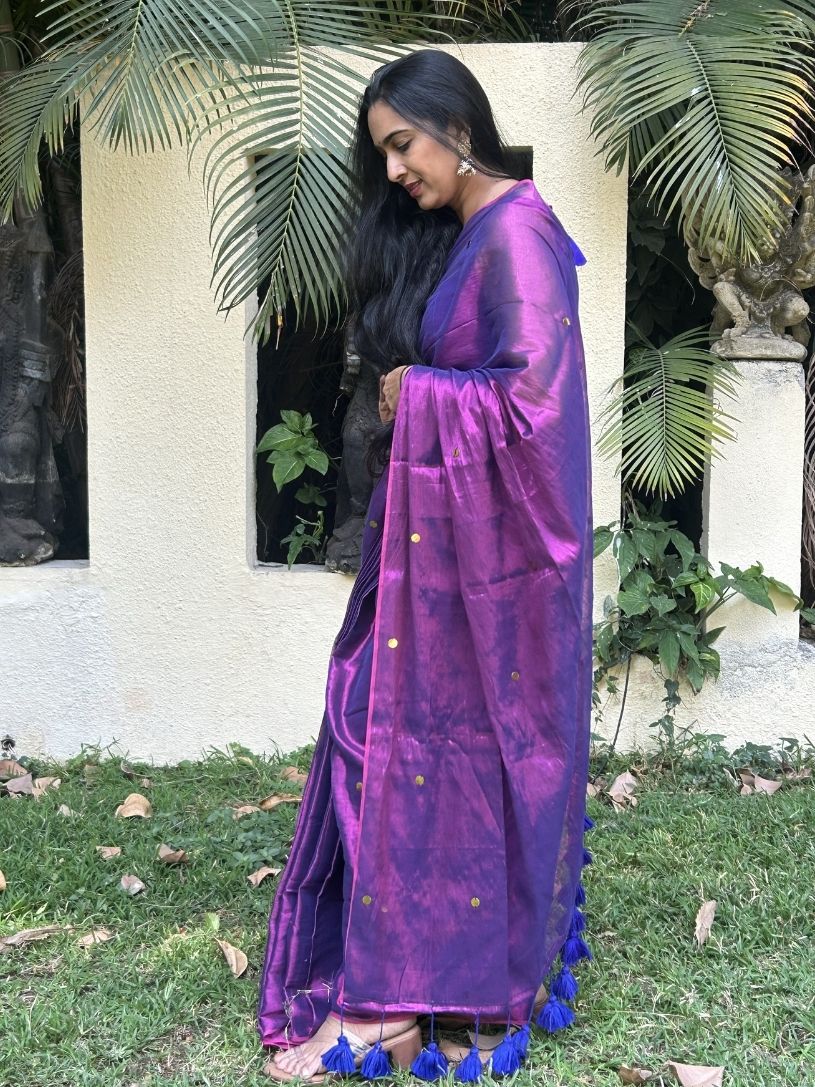 Purple tissue cotton Saree with Gold Gini Work