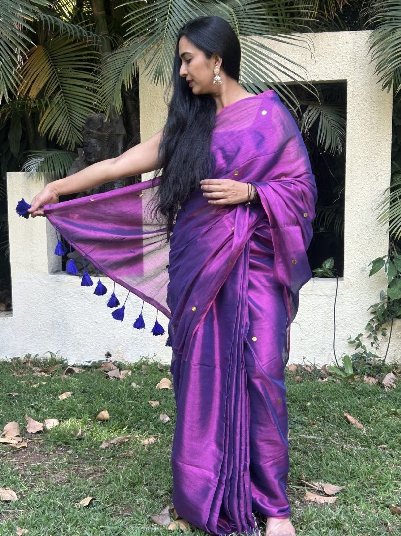 Purple tissue cotton Saree with Gold Gini Work