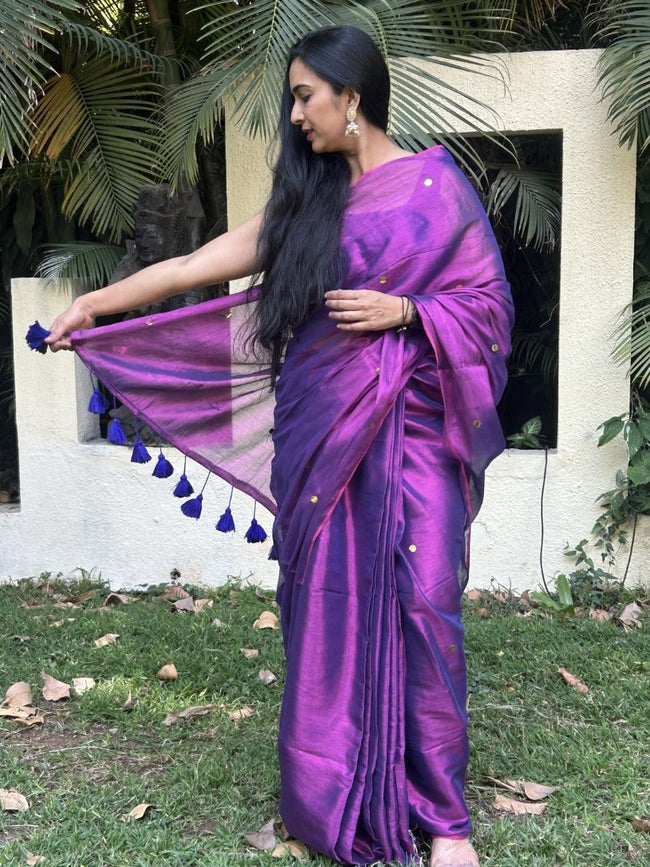 Purple tissue cotton Saree with Gold Gini Work Hover Image