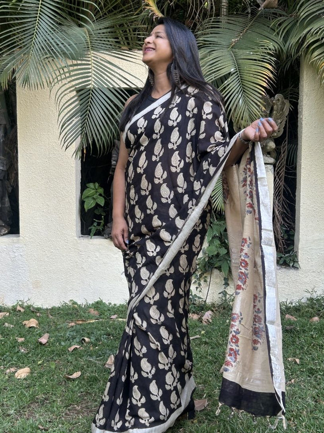 Black and Beige Pure Cotton Hand block Printed Formal Saree Hover Image