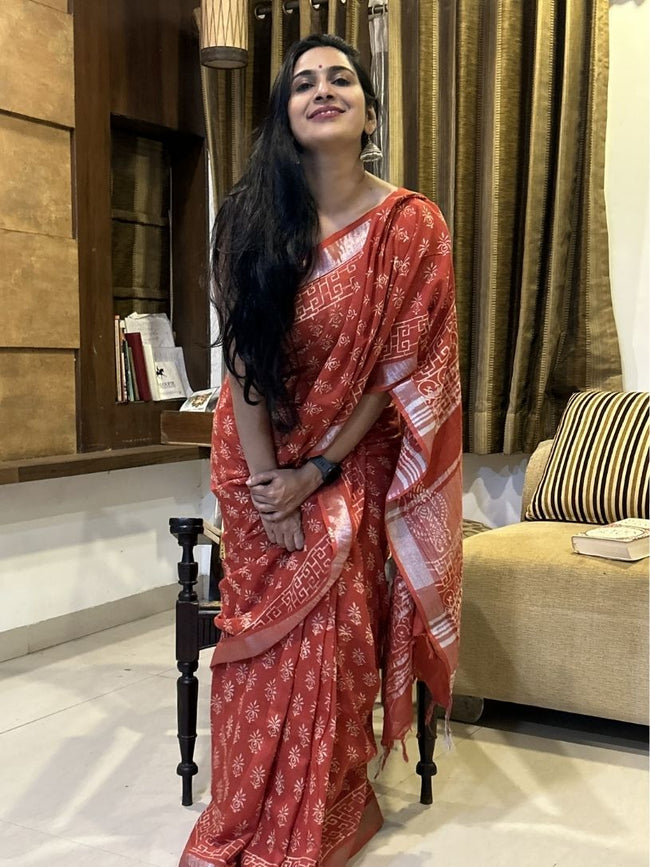 Rust red Pure Cotton Hand block Printed Formal Saree Main Image