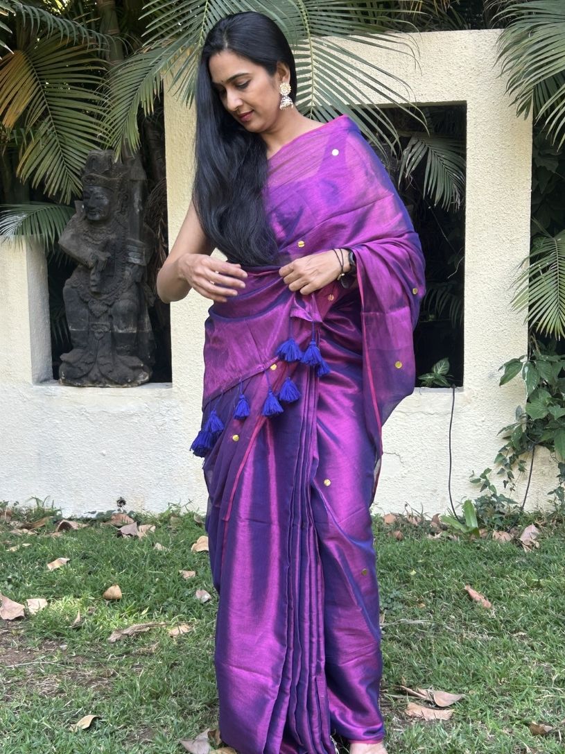 Purple tissue cotton Saree with Gold Gini Work