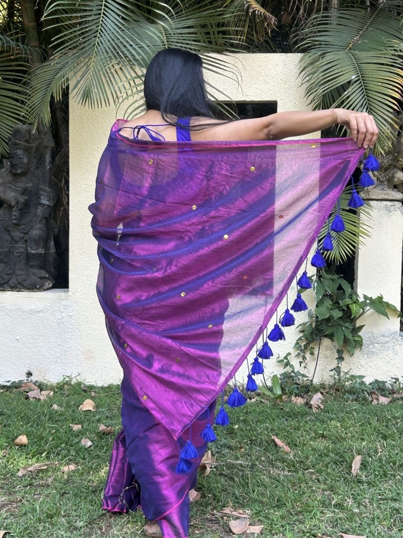 Purple tissue cotton Saree with Gold Gini Work