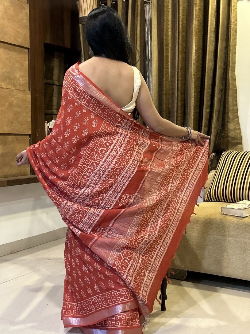Rust red Pure Cotton Hand block Printed Formal Saree