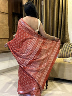 Rust red Pure Cotton Hand block Printed Formal Saree