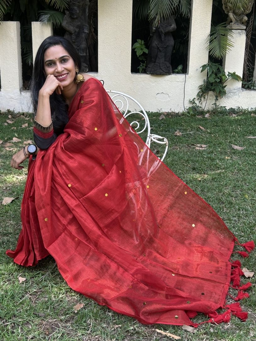 Red tissue cotton saree with Gold Gini Work