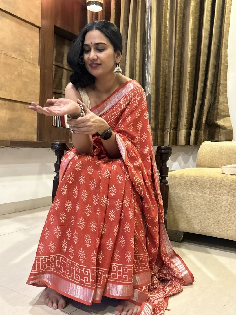 Rust red Pure Cotton Hand block Printed Formal Saree
