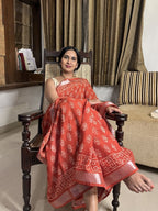 Rust red Pure Cotton Hand block Printed Formal Saree