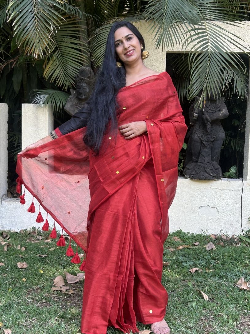 Red tissue cotton saree with Gold Gini Work