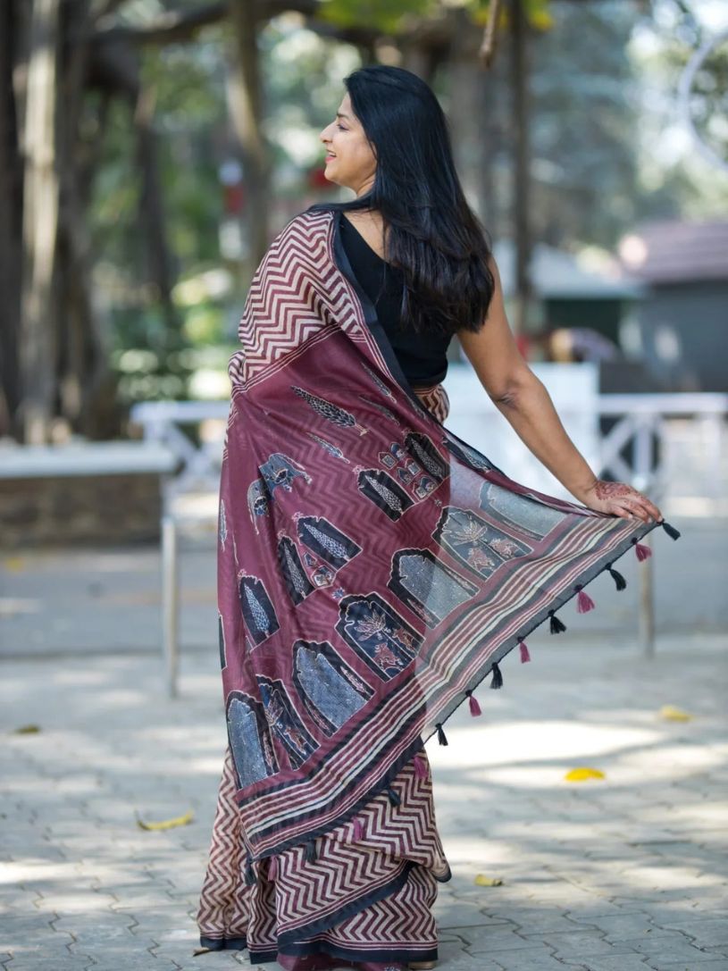 Dark Maroon Semi Linen Saree With Ajrakh Pallu