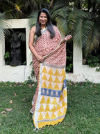 Cream, Maroon & Yellow  Handblock Printed Pure Cotton Formal Saree