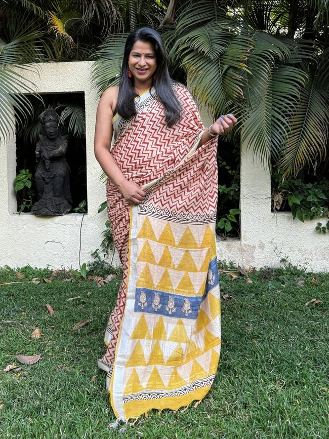 Cream, Maroon & Yellow  Handblock Printed Pure Cotton Formal Saree Main Image
