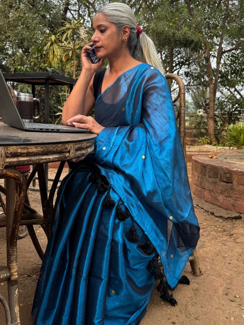 Blue Tissue Cotton Saree with Gini Work