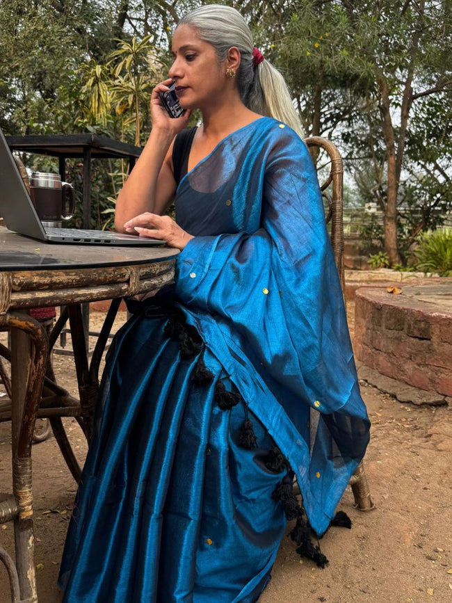 Blue Tissue Cotton Saree with Gini Work Main Image