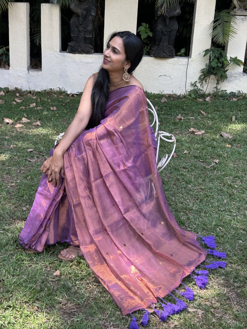 Lavender tissue cotton Saree with Gold Gini Work