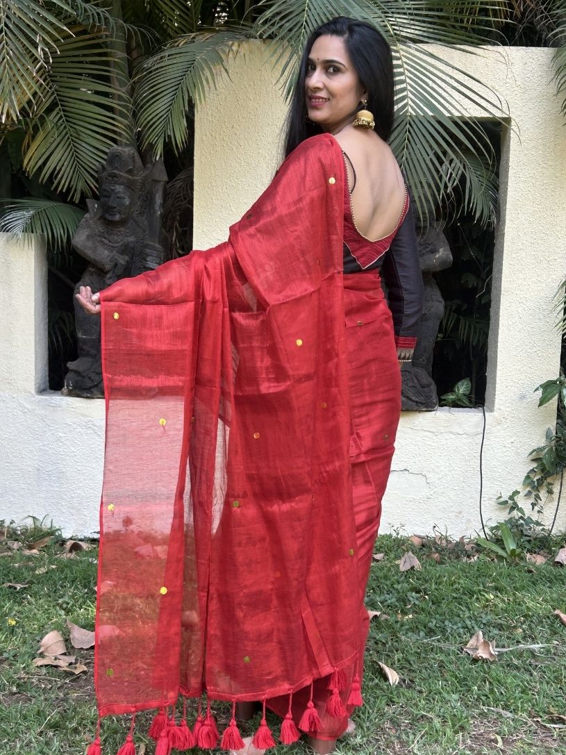 Red tissue cotton saree with Gold Gini Work