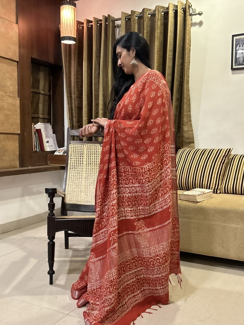 Rust red Pure Cotton Printed Formal Saree