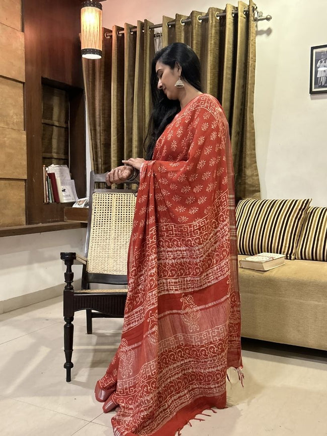 Rust red Pure Cotton Hand block Printed Formal Saree Hover Image