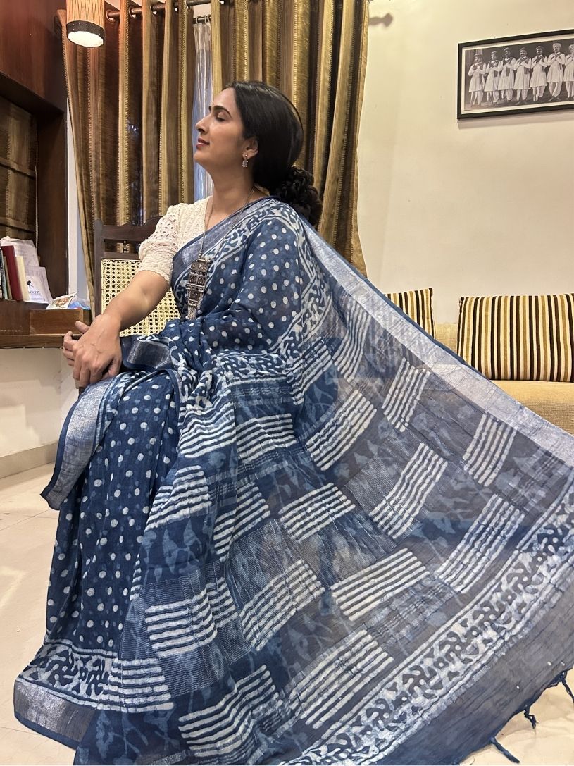 Indigo Pure Cotton Printed Formal Saree