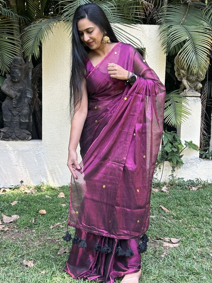 Wine Purple tissue cotton Saree with Gold Gini Work