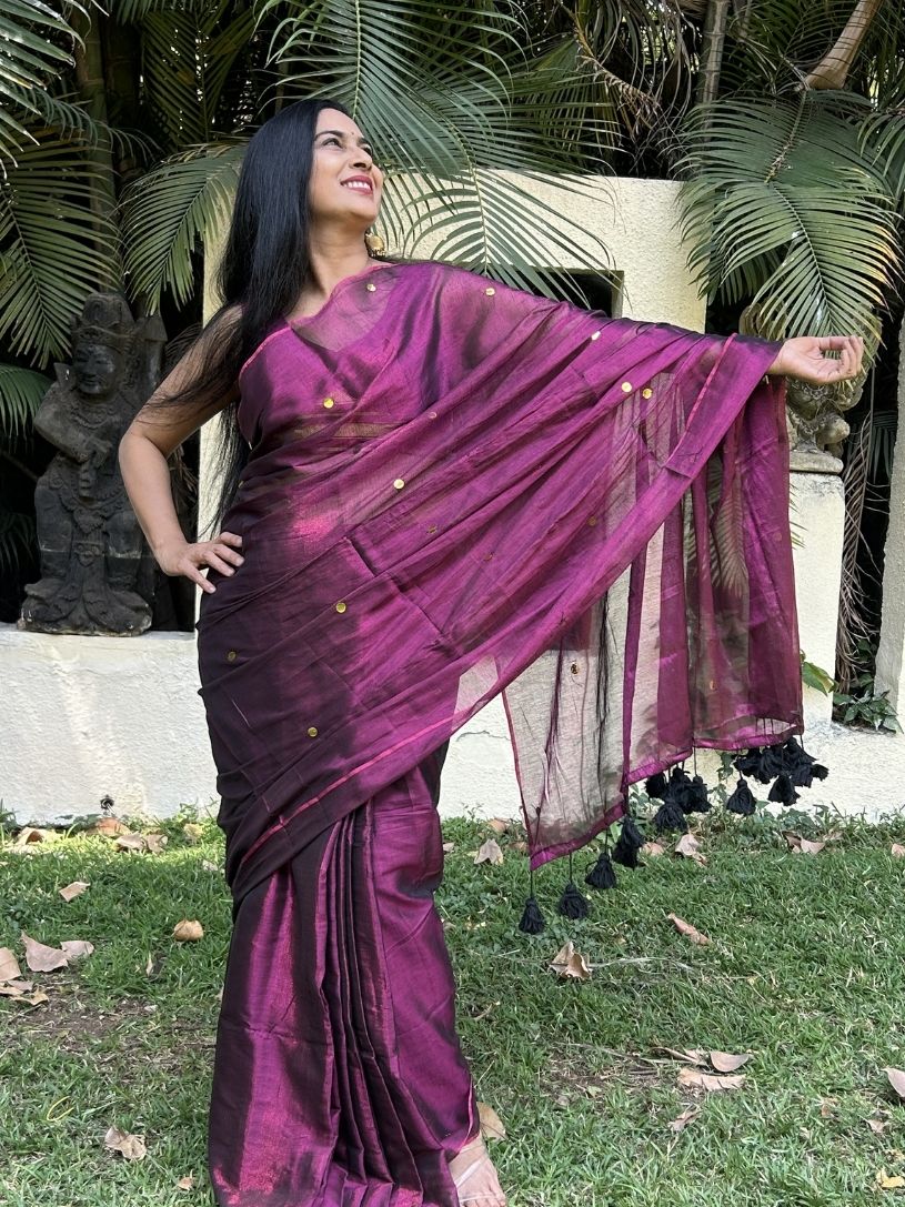 Wine Purple tissue cotton Saree with Gold Gini Work