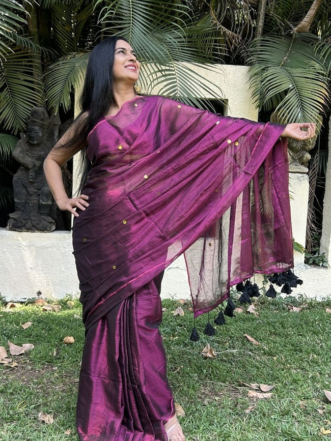 Wine Purple tissue cotton Saree with Gold Gini Work Hover Image