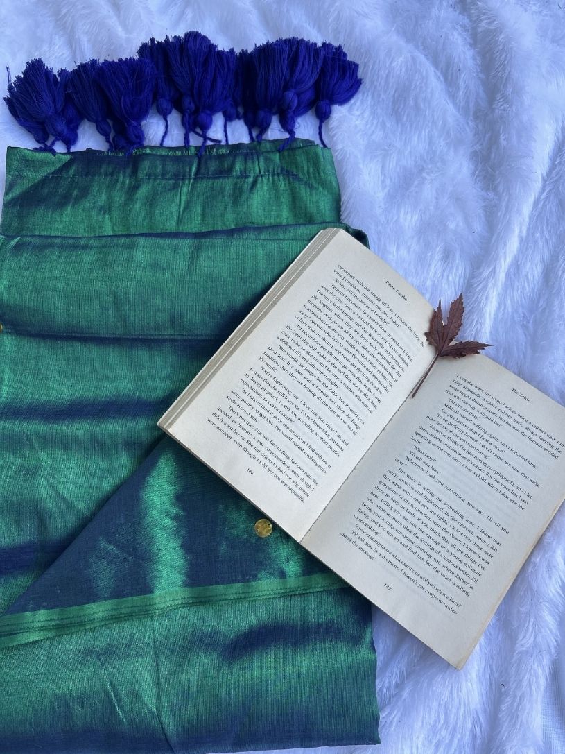 Peacock Blue tissue cotton Saree with Gold Gini Work