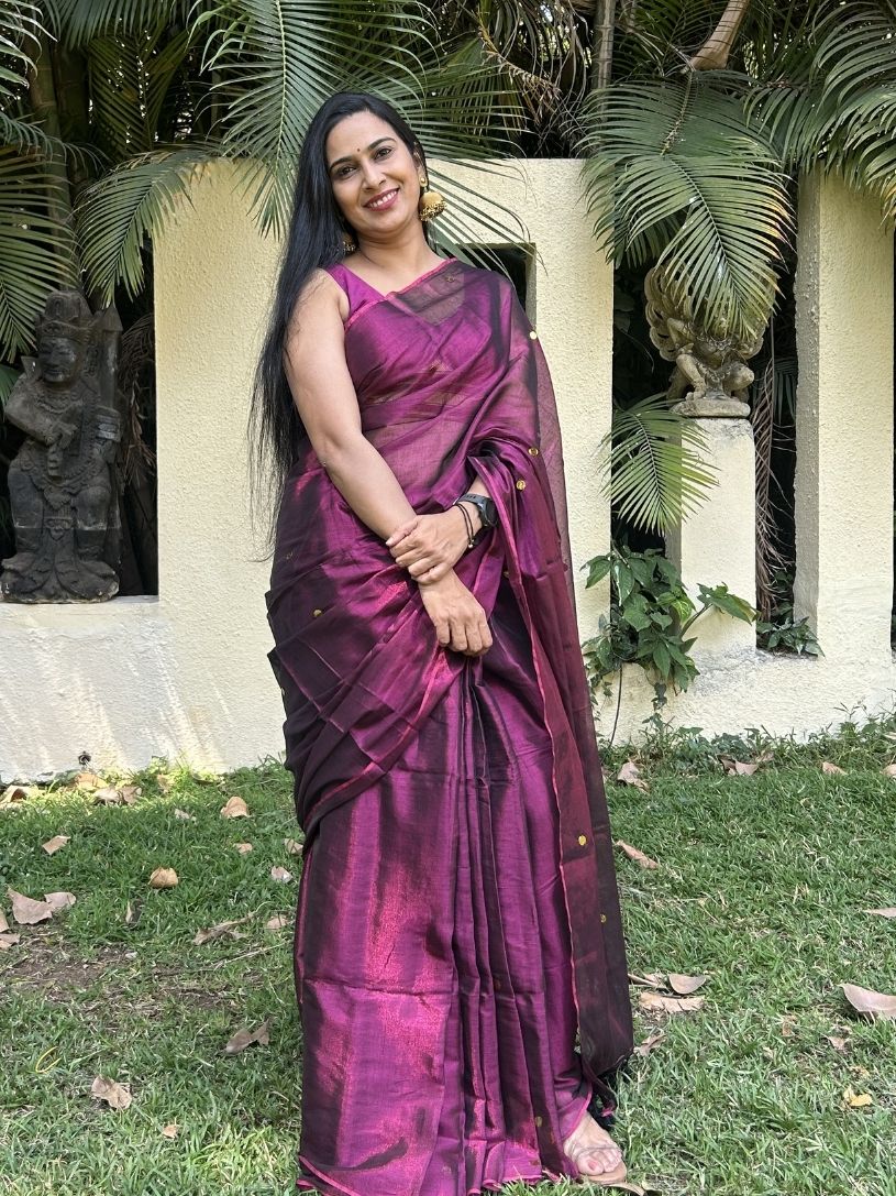 Wine Purple tissue cotton Saree with Gold Gini Work