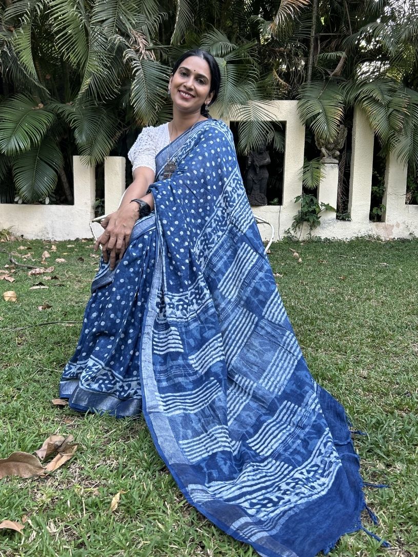 Indigo Pure Cotton Printed Formal Saree