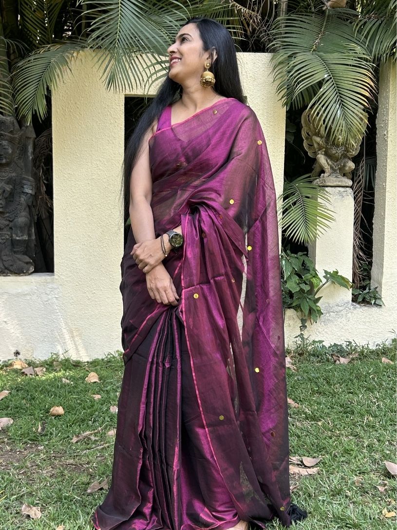 Wine Purple tissue cotton Saree with Gold Gini Work