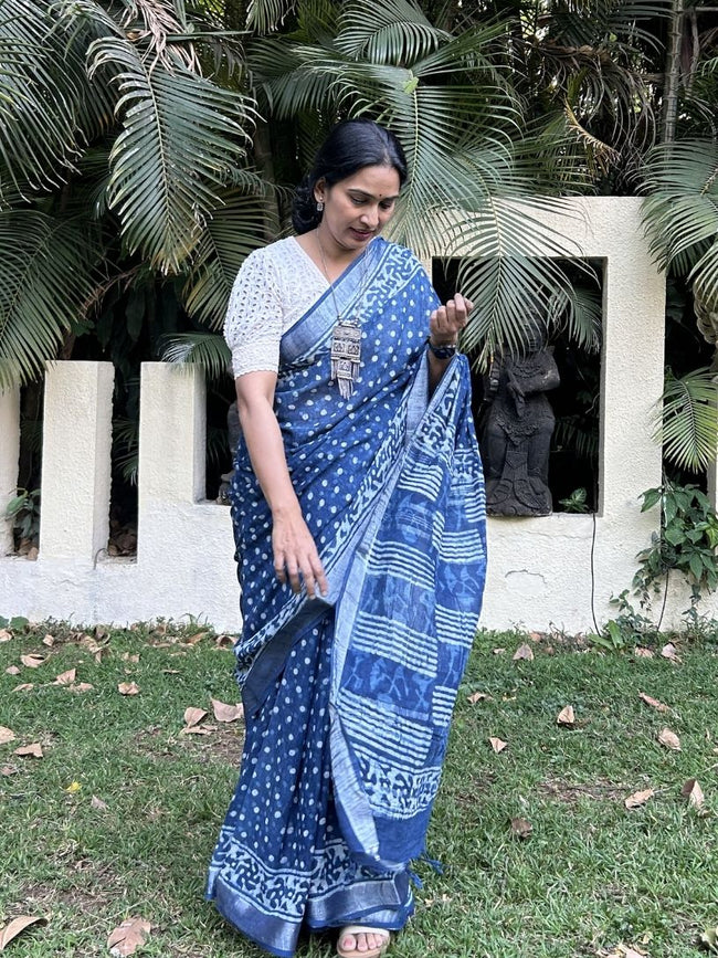 Indigo Pure Cotton Hand block Printed Formal Saree Hover Image