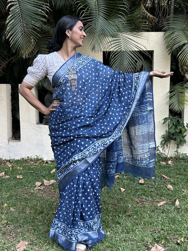 Indigo Pure Cotton Hand block Printed Formal Saree Main Image