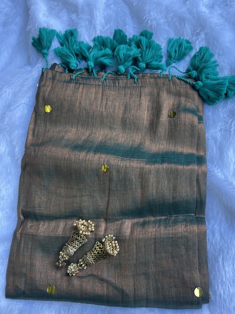 Teal Grey tissue cotton Saree with Gold Gini Work