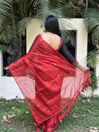 Red tissue cotton saree with Gold Gini Work