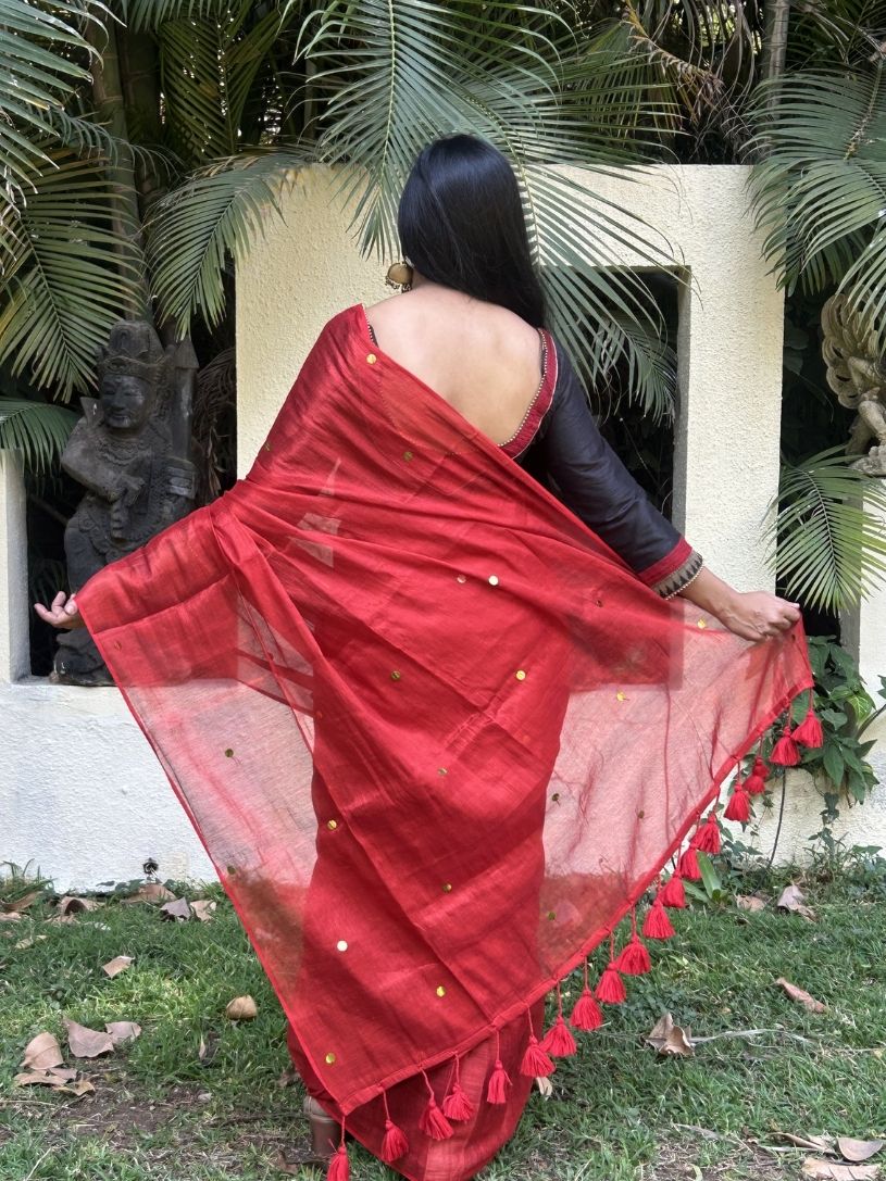 Red tissue cotton saree with Gold Gini Work