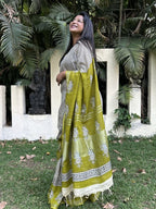 Olive Green Pure Cotton Hand block Printed Formal Saree