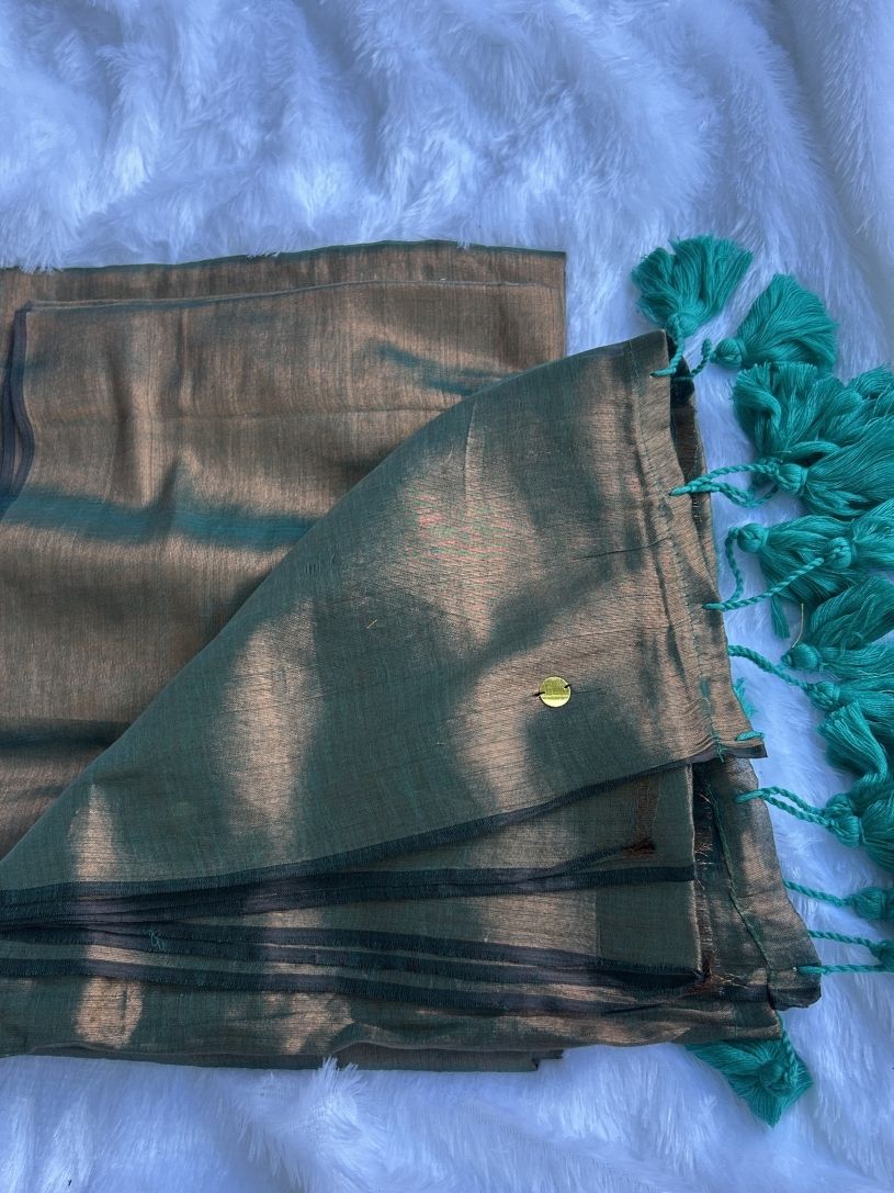 Teal Grey tissue cotton Saree with Gold Gini Work