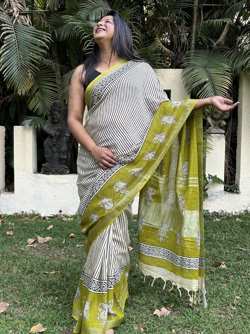 Olive Green Pure Cotton Hand block Printed Formal Saree