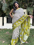 Olive Green Pure Cotton Hand block Printed Formal Saree