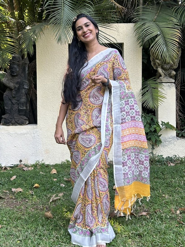 Soft Linen Cotton Saree with Paisley Print Hover Image