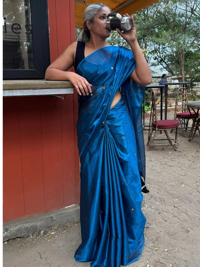 Blue Tissue Cotton Saree with Gini Work Hover Image