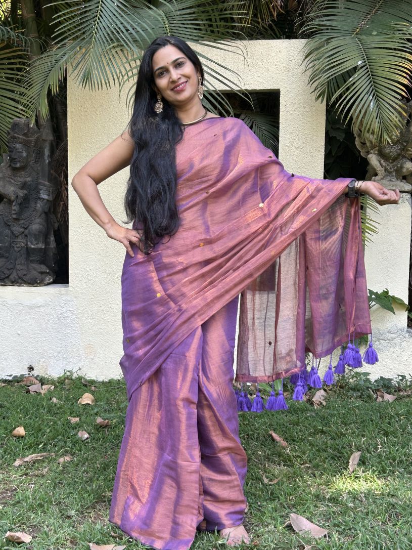 Lavender tissue cotton Saree with Gold Gini Work