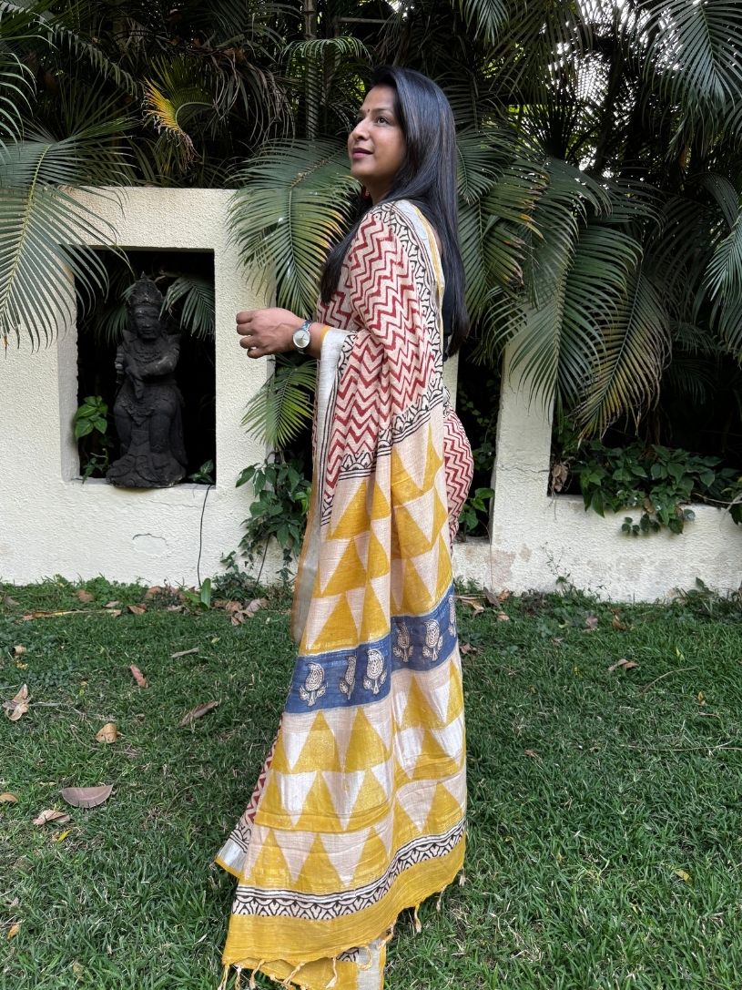 Cream, Maroon & Yellow Printed Pure Cotton Formal Saree