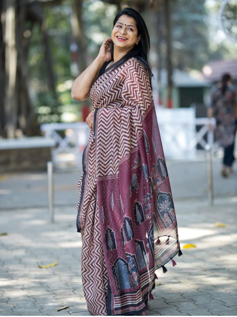 Dark Maroon Semi Linen Saree With Ajrakh Pallu