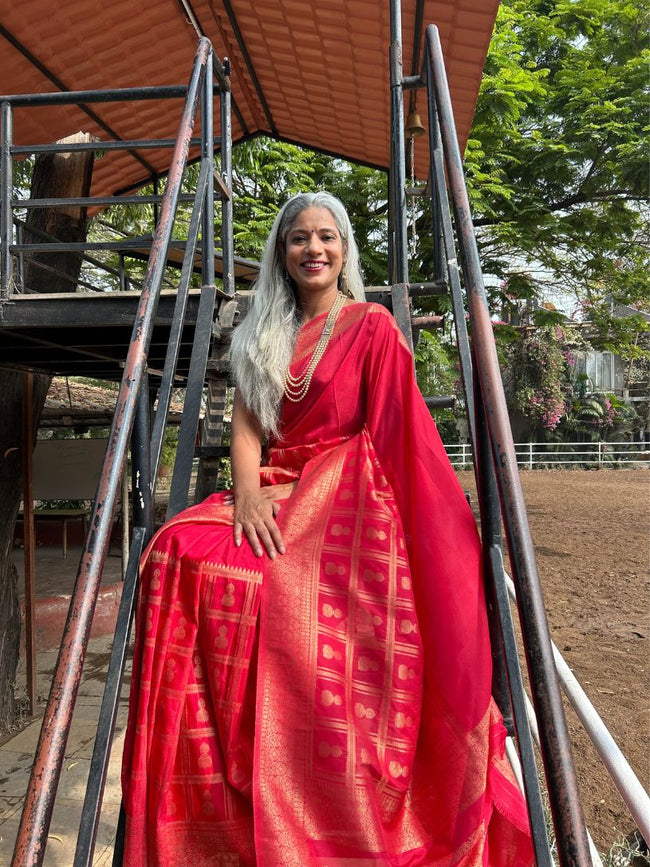 Red silk saree with zari border Hover Image
