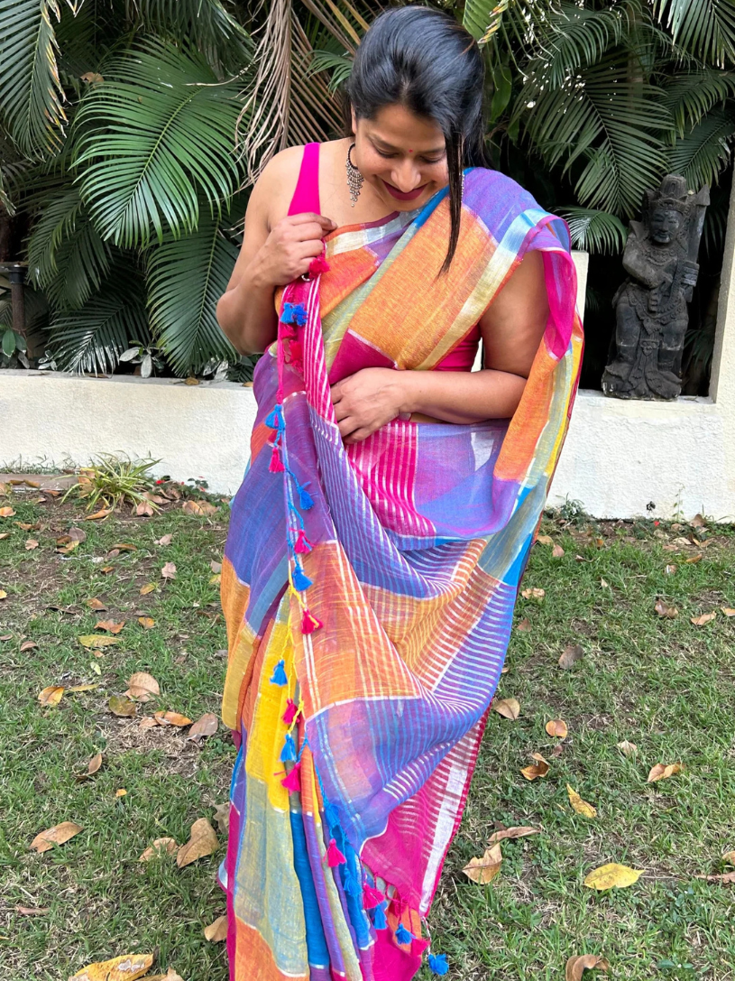 mutlicolor pure linen saree