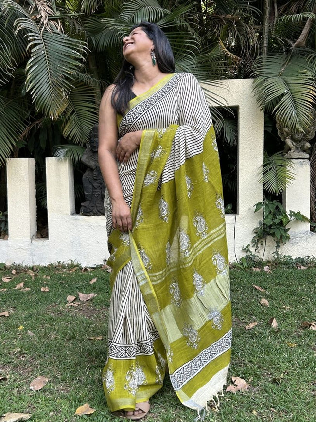 Olive Green Pure Cotton Hand block Printed Formal Saree Hover Image