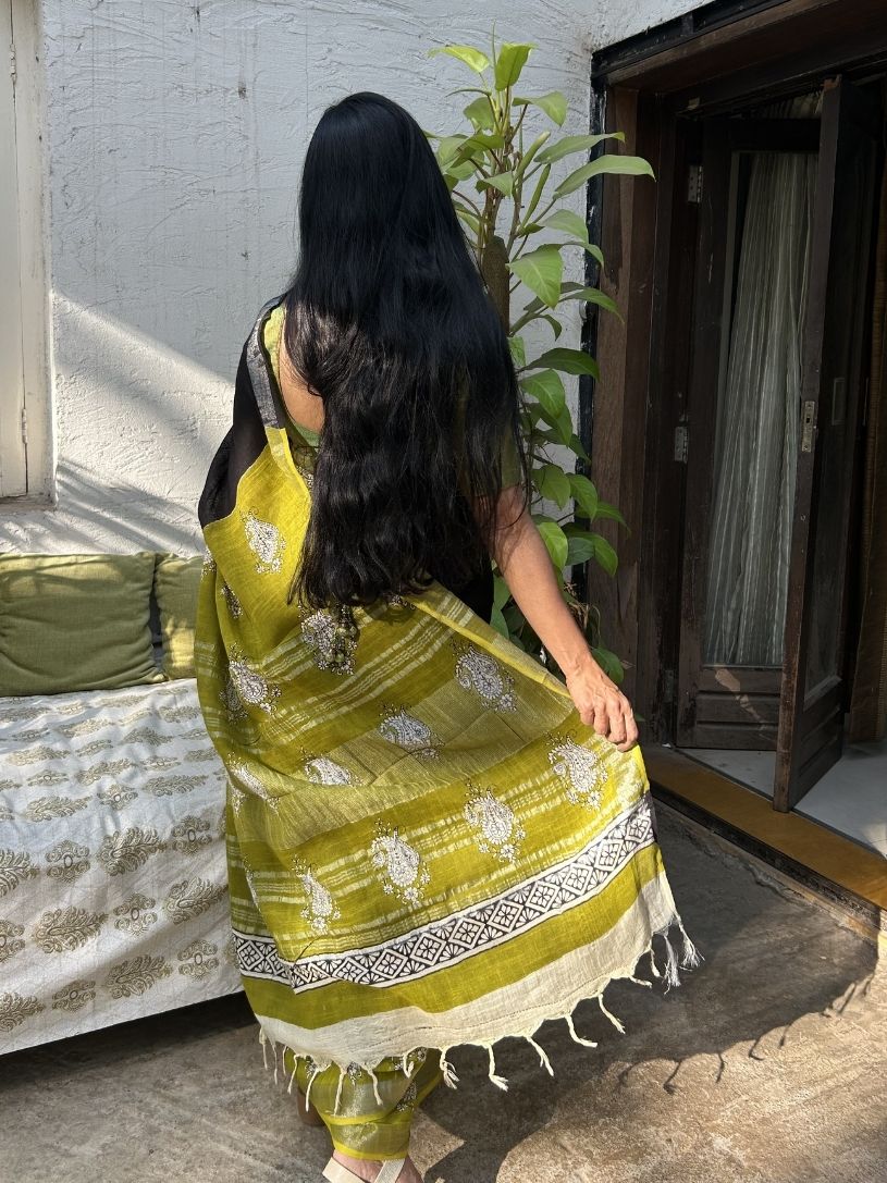 Black and Green Formal Pure Cotton Hand block Printed Saree